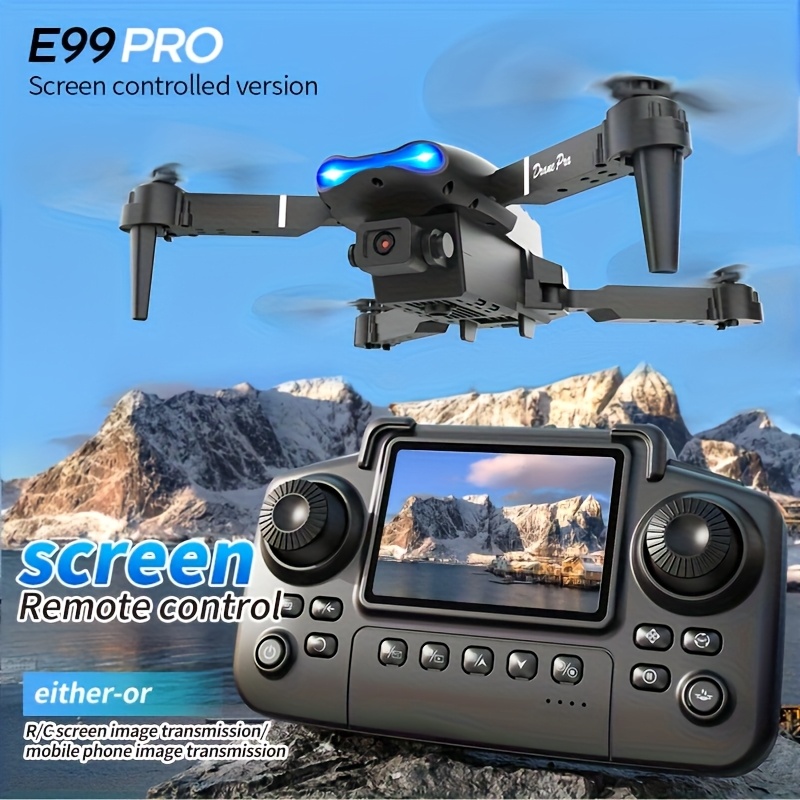 Drone Camera Hd - 2026年型、デュアルカメラ4K HD、画面付きリモコン、2つのバッテリー、40分の飛行時間、ワンキーで帰還、LEDライトを搭載した、折りたたみ式E99 PRO MAXドローン。大人や初心者向けのミニRCクアッドコプター。ブラックフライデーやクリスマスギフトに最適。
